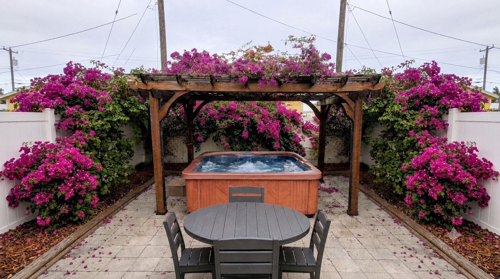 Private Ybor Roost hot tub beneath bougainvillea in daylight